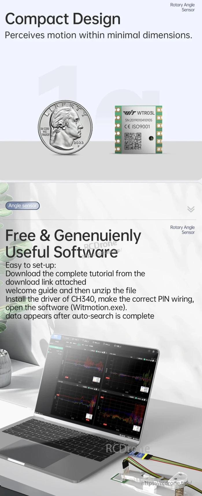 WitMotion WTR03L Rotary Angle Sensor, The compact WTR03L rotary angle sensor, ideal for tight spaces, offers precise motion detection with real-time angular graphs on a laptop. CE and ISO9001 certified, it includes easy-to-use software and simple setup.