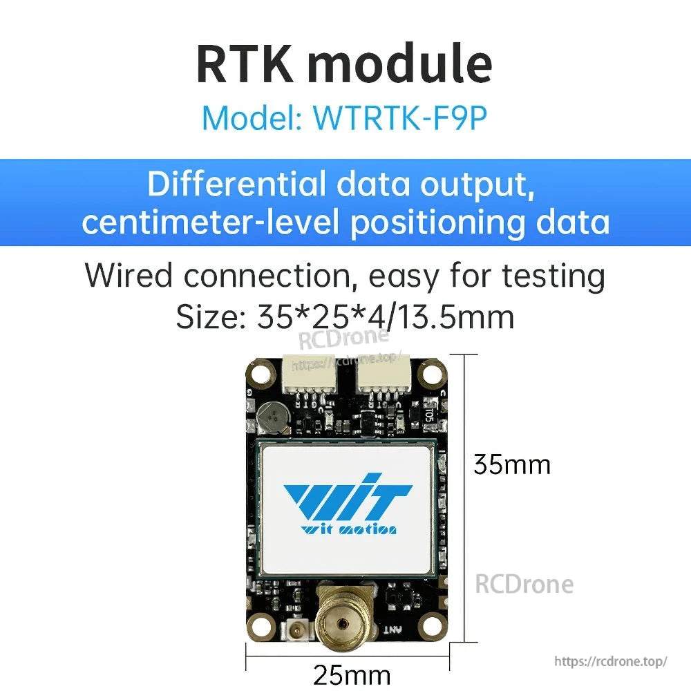 WT-RTK-F9P RTK module with wired connection and labeled 35 by 25 millimeter board size