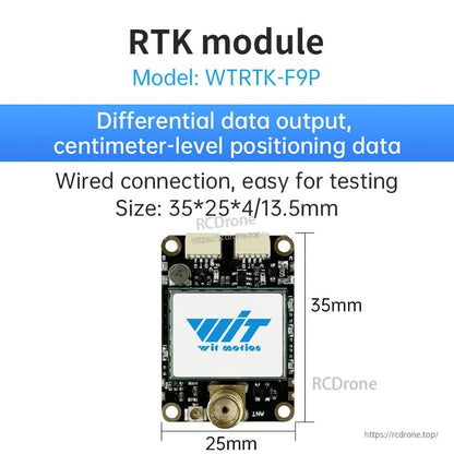 WT-RTK-F9P RTK module with wired connection and labeled 35 by 25 millimeter board size