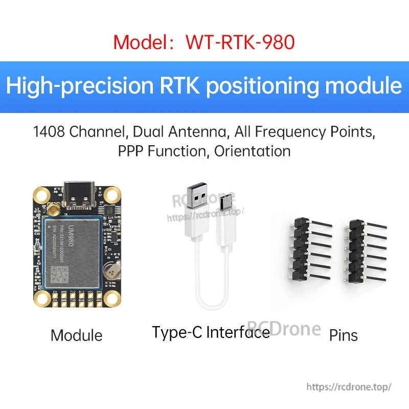 WT-RTK-980 RTK positioning module overview with module, Type-C interface, and pin headers