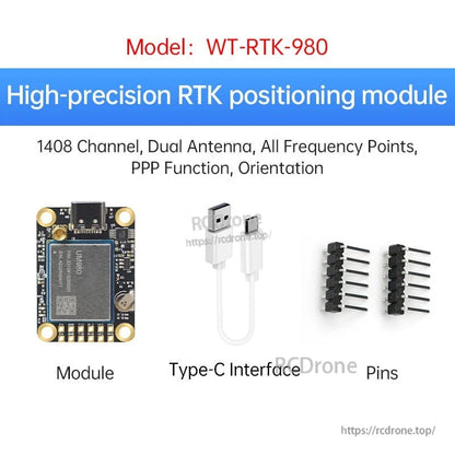 WT-RTK-980 RTK positioning module overview with module, Type-C interface, and pin headers