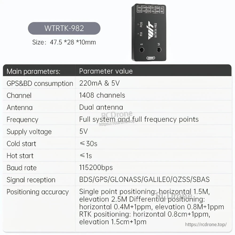 WT-RTK-982 module specification chart showing size, 1408 channels, and dual-antenna support