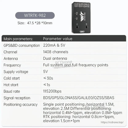 WT-RTK-982 module specification chart showing size, 1408 channels, and dual-antenna support