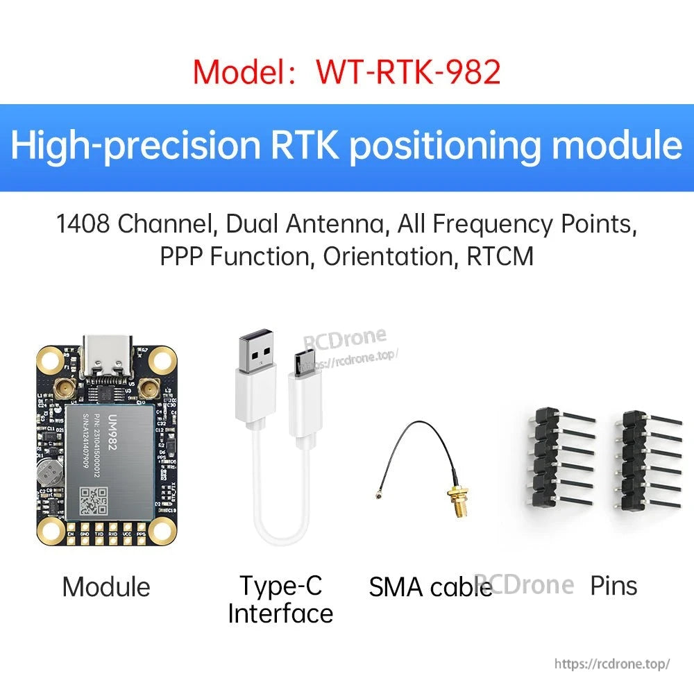 WT-RTK-982 kit view with module, Type-C interface, SMA cable, and pin headers