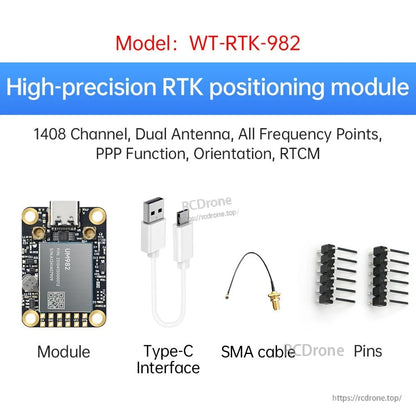 WT-RTK-982 kit view with module, Type-C interface, SMA cable, and pin headers