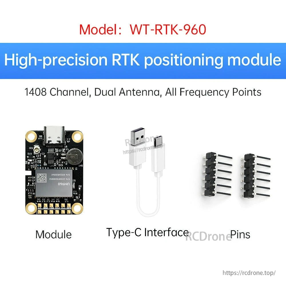 WT-RTK-960 RTK positioning module overview with module, Type-C interface, and pin headers