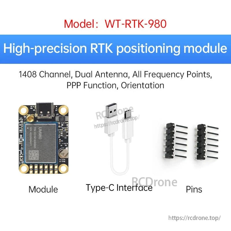 WT-RTK-980 RTK positioning module kit with USB-C cable and pin headers