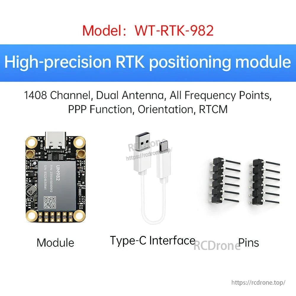 WT-RTK-982 RTK positioning module overview with module, Type-C interface, and pin headers