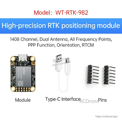 WT-RTK-982 RTK positioning module overview with module, Type-C interface, and pin headers