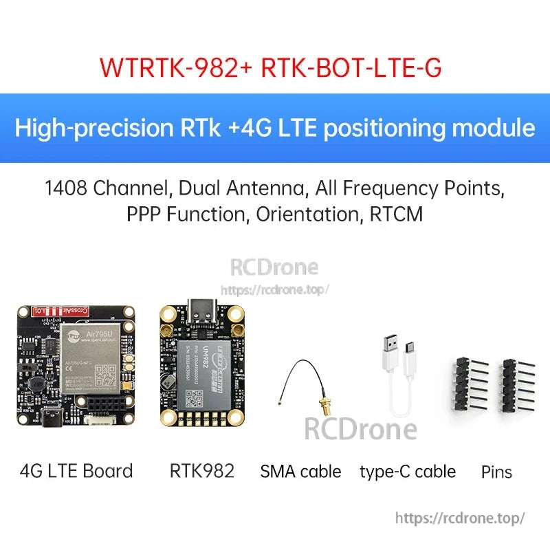 WTRTK-982 plus RTK-BOT-LTE-G bundle with 4G LTE board, RTK module, antenna cable, and pins