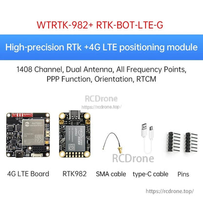 WTRTK-982 plus RTK-BOT-LTE-G bundle with 4G LTE board, RTK module, antenna cable, and pins