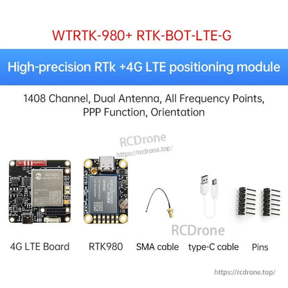 WTRTK-980 plus RTK-BOT-LTE-G bundle with 4G LTE board, RTK module, antenna cable, and pins