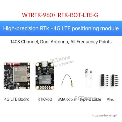 WTRTK-960 plus RTK-BOT-LTE-G bundle with 4G LTE board, RTK module, antenna cable, and pins