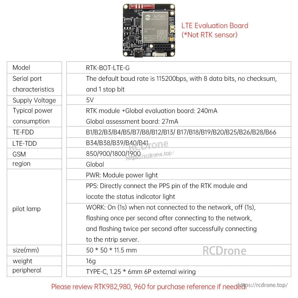 LTE evaluation board specification table for RTK-BOT-LTE-G, not an RTK sensor