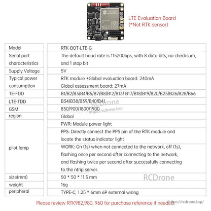 LTE evaluation board specification table for RTK-BOT-LTE-G, not an RTK sensor
