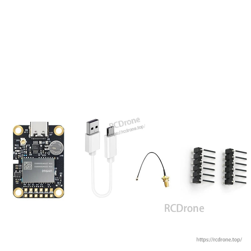 WTRTK-982 RTK GNSS module board with Type-C cable, SMA antenna lead, and included pin headers