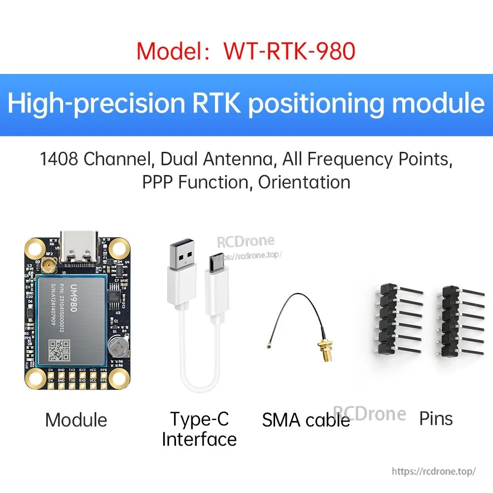 WT-RTK-980 kit view with module, Type-C interface, SMA cable, and pin headers