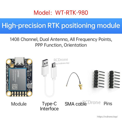 WT-RTK-980 kit view with module, Type-C interface, SMA cable, and pin headers