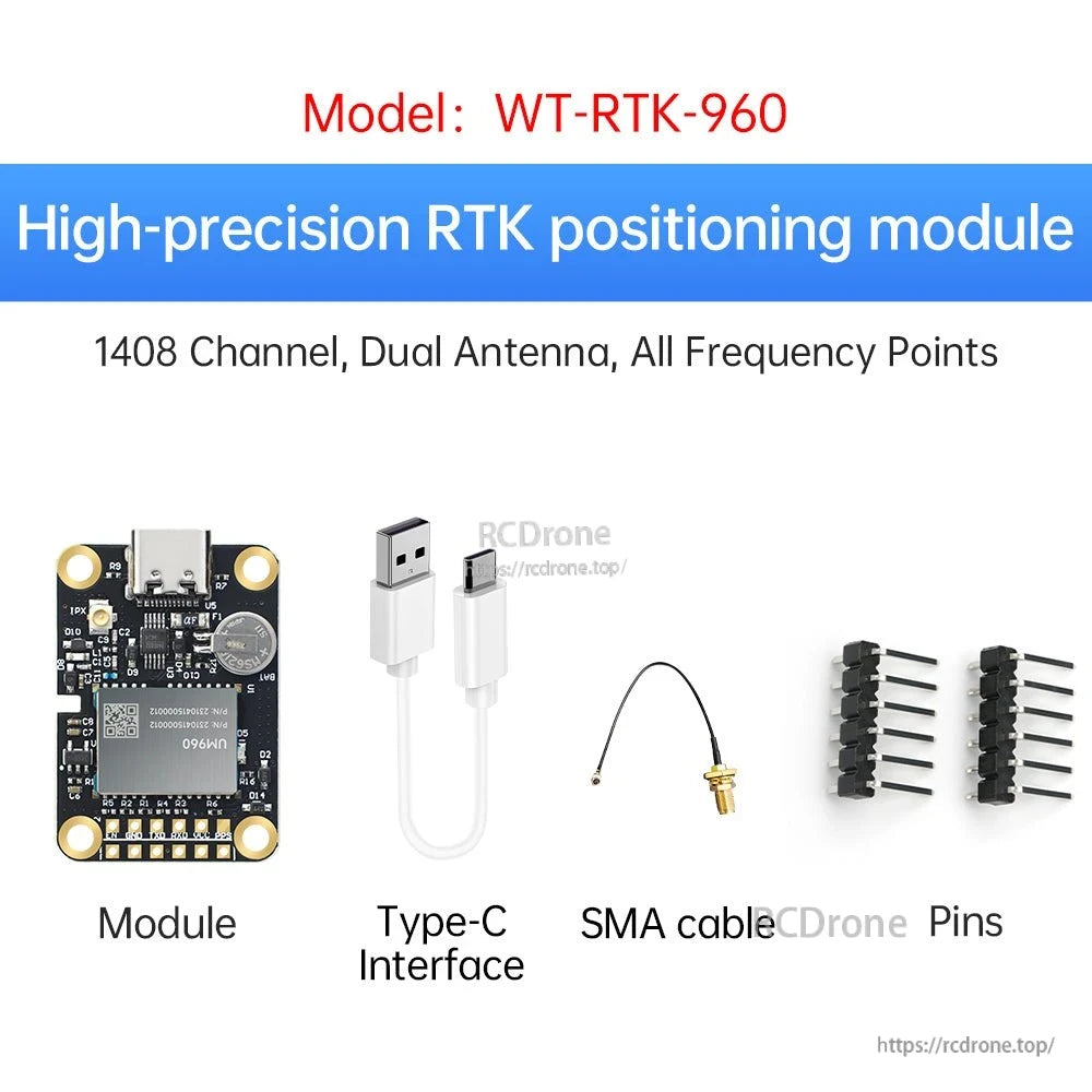 WT-RTK-960 kit view with module, Type-C interface, SMA cable, and pin headers