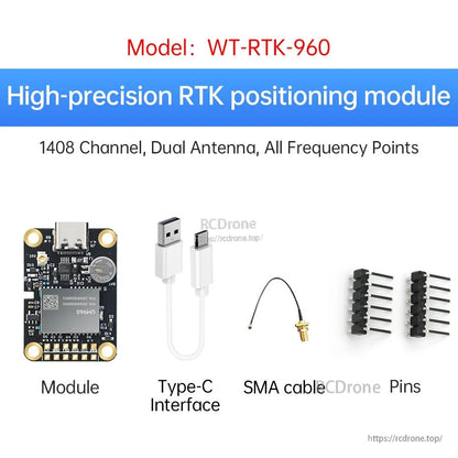 WT-RTK-960 kit view with module, Type-C interface, SMA cable, and pin headers