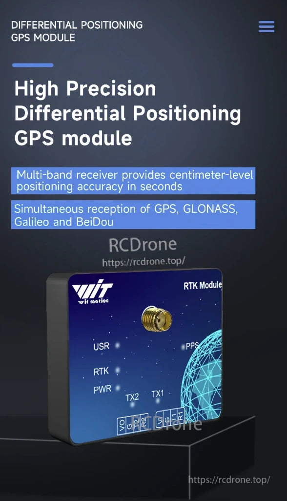 WitMotion WTRTK-M ZED-F9P RTK GNSS GPS, High-precision GPS module with centimeter-level accuracy, supports multiple satellite systems, features RTK, multi-band receiver, and various indicators.
