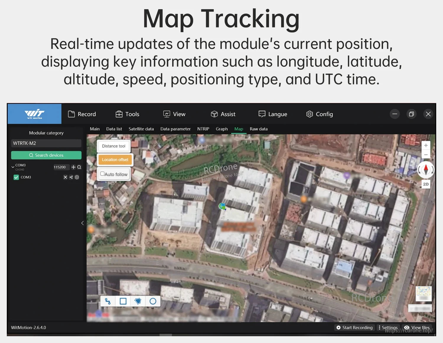 Map tracking software interface showing live longitude, latitude, altitude, speed, and UTC time