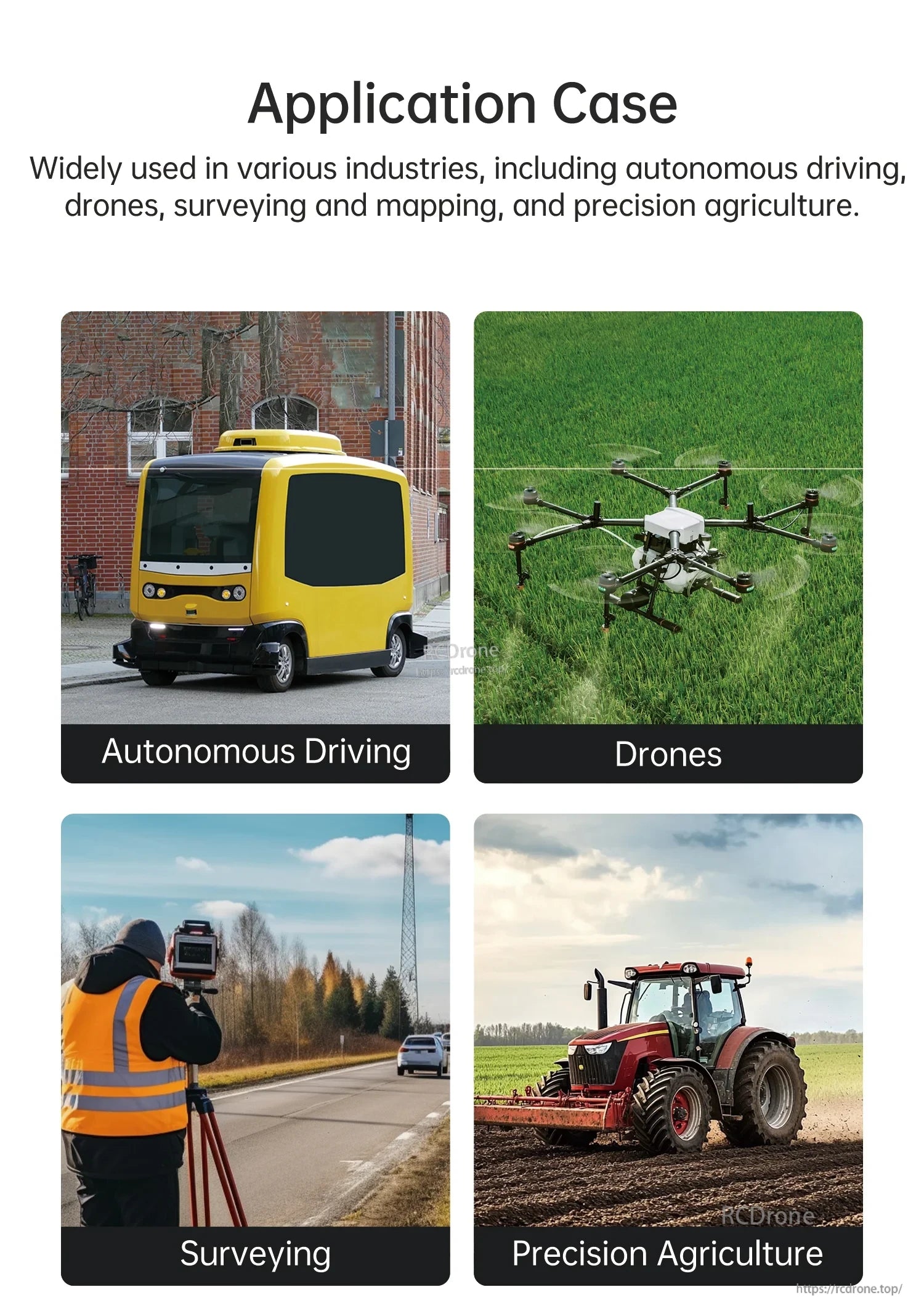 Application examples for autonomous driving, drones, surveying, and precision agriculture