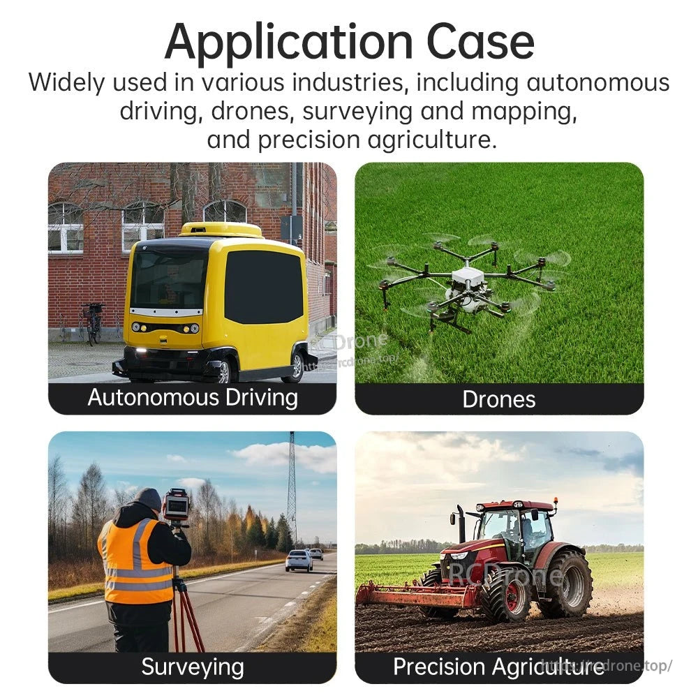 Application case collage showing autonomous driving, drones, surveying, and precision agriculture