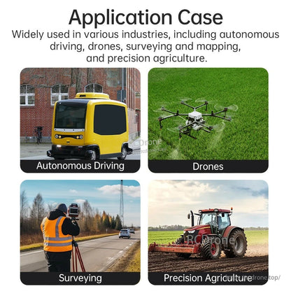 Application case collage showing autonomous driving, drones, surveying, and precision agriculture
