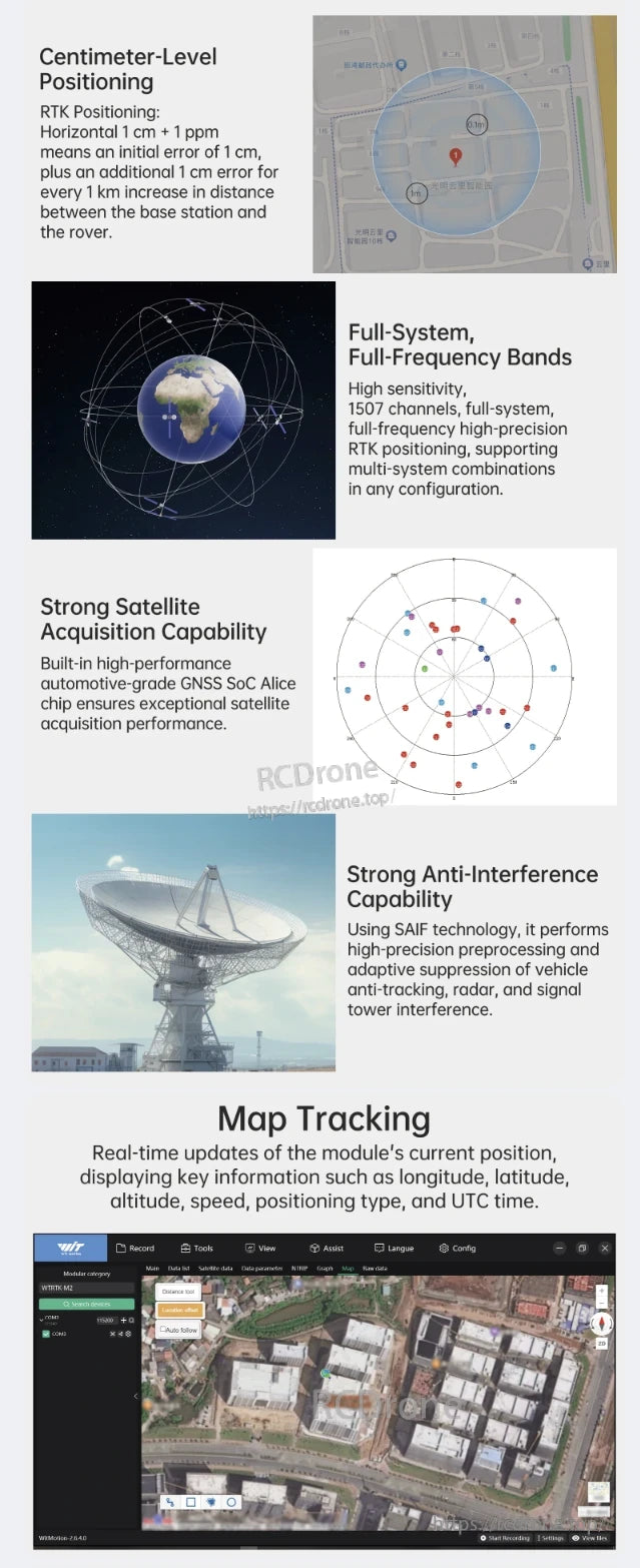 WitMotion WTRTK-M10 / M20 / M20D, Centimeter-level RTK provides 1 cm accuracy, supports multi-GNSS, and offers strong satellite acquisition, anti-interference, and real-time tracking with detailed positioning.