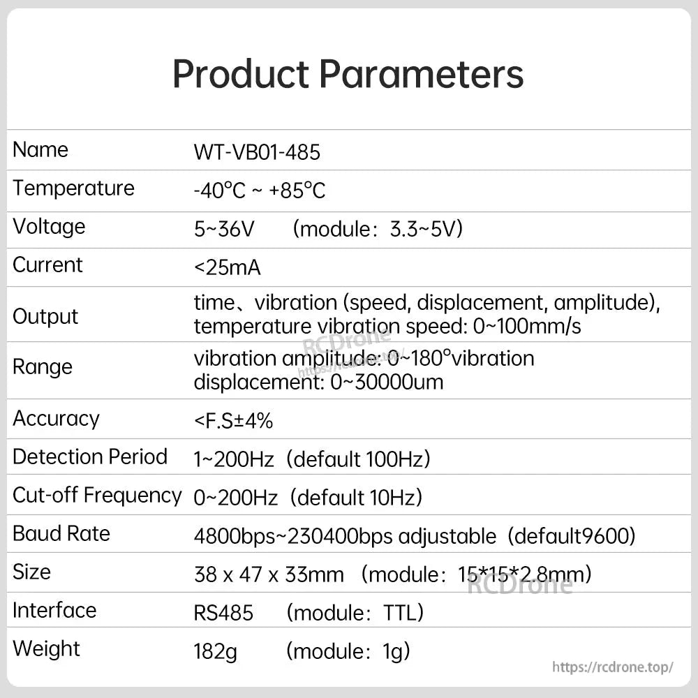 The WitMotion WT-VB01-485 vibration sensor features an RS485 interface, measures displacement up to 30,000 µm and speed up to 100 mm/s, operates from -40°C to 85°C, supports 5–36V input with <25mA current, offers adjustable baud rates up to 230400bps, and comes in a compact 38×47×33mm, 182g housing.