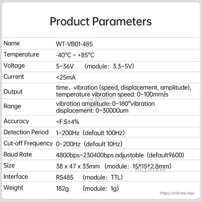 The WitMotion WT-VB01-485 vibration sensor features an RS485 interface, measures displacement up to 30,000 µm and speed up to 100 mm/s, operates from -40°C to 85°C, supports 5–36V input with <25mA current, offers adjustable baud rates up to 230400bps, and comes in a compact 38×47×33mm, 182g housing.