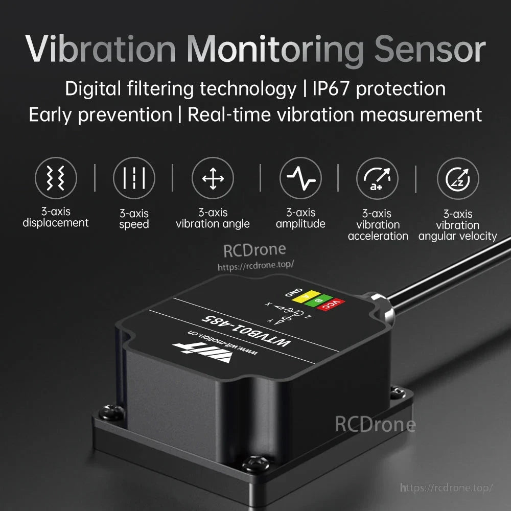 The WitMotion WTVB01-485 vibration sensor provides 3-axis measurements and features digital filtering, IP67 protection, real-time monitoring, and an RS485 interface for industrial applications.