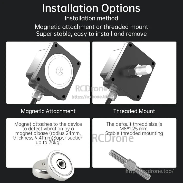 The text describes two installation options: a magnetic base with strong suction and a threaded mount with a standard M8*1.25 mm thread, both offering stability, easy setup, and quick removal.
