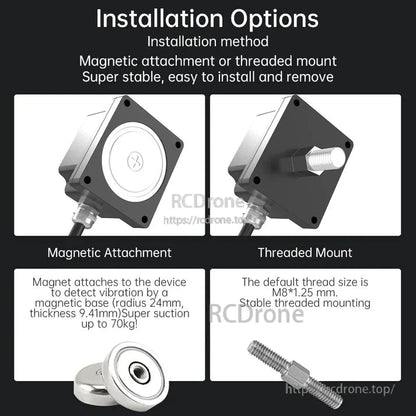 The text describes two installation options: a magnetic base with strong suction and a threaded mount with a standard M8*1.25 mm thread, both offering stability, easy setup, and quick removal.