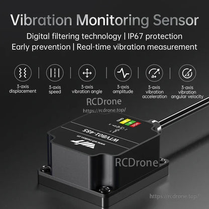 WitMotion WTVB01-485 is a 3-axis vibration sensor with RS485, IP68 protection, digital filtering, real-time monitoring, and measures displacement, speed, angle, amplitude, acceleration, and angular velocity.