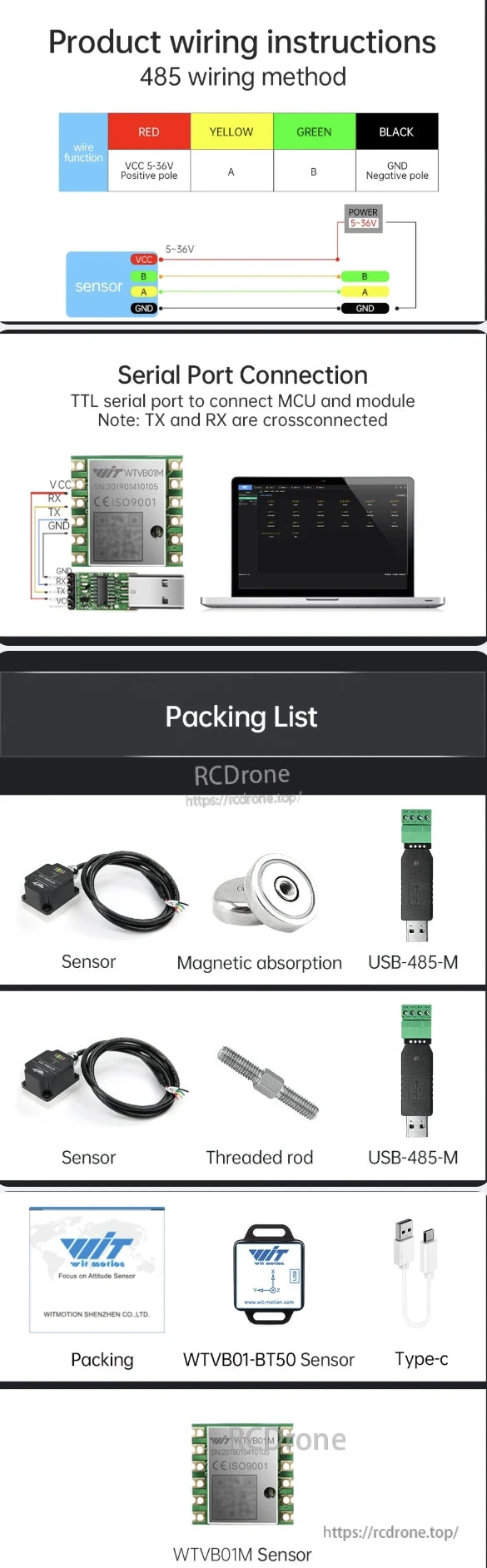The WitMotion WTVB01-485 vibration sensor includes wiring guide, serial port connection, and packing list with all components and details.