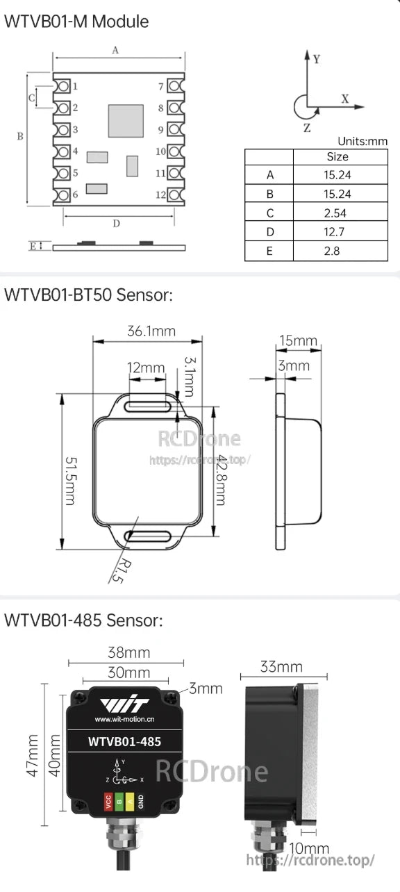 The WitMotion WTVB01-485 vibration sensor measures 47mm x 40mm x 33mm, includes the WTVB01-M module and BT50 sensor, and features VCC, GND, and signal pins.