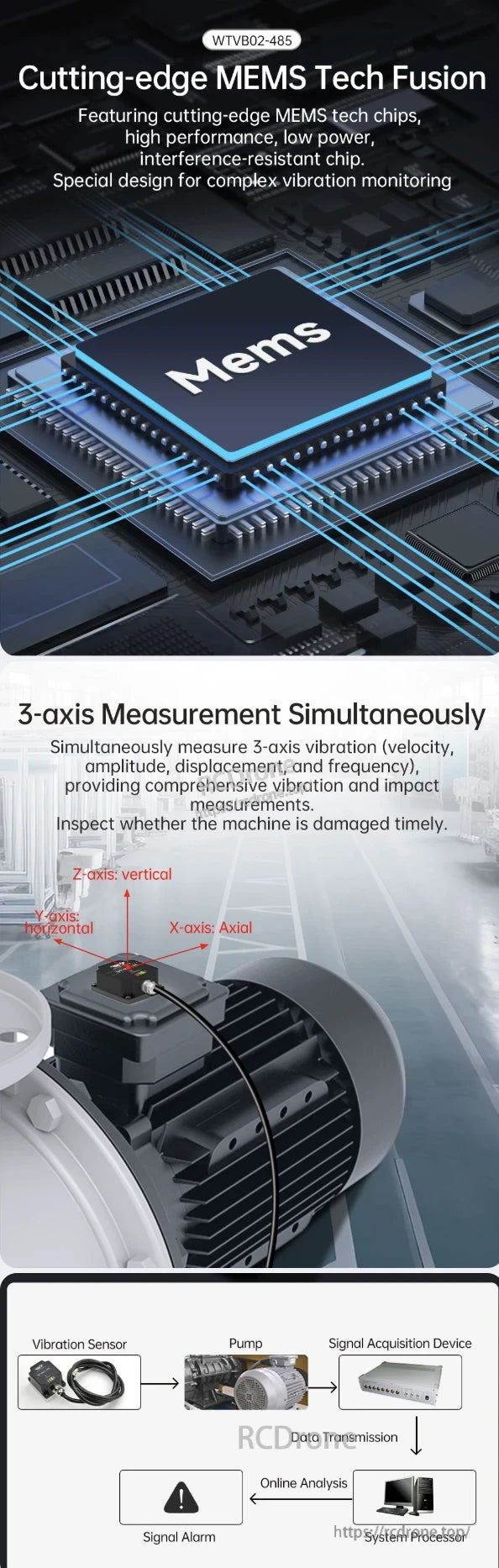 WitMotion WTVB01-485 Vibration Sensor, The WitMotion WTVB02-485 vibration sensor uses MEMS technology for high-performance, low-power, 3-axis monitoring, measuring velocity, amplitude, displacement, and frequency to detect machine damage through data transmission and online analysis.