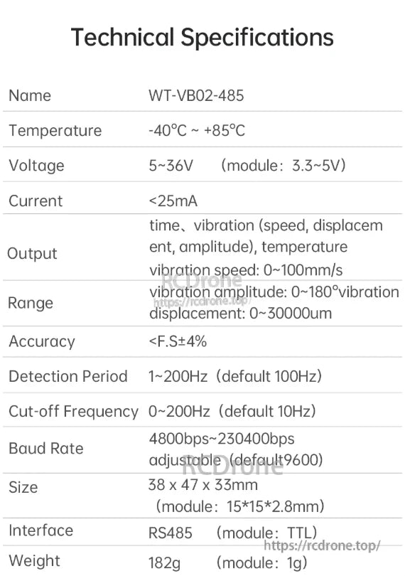 WitMotion WTVB01-485 Vibration Sensor, The WitMotion WT-VB02-485 vibration sensor operates from -40°C to +85°C, supports 5–36V power, outputs vibration and temperature data via RS485, and features adjustable baud rate up to 230400bps.