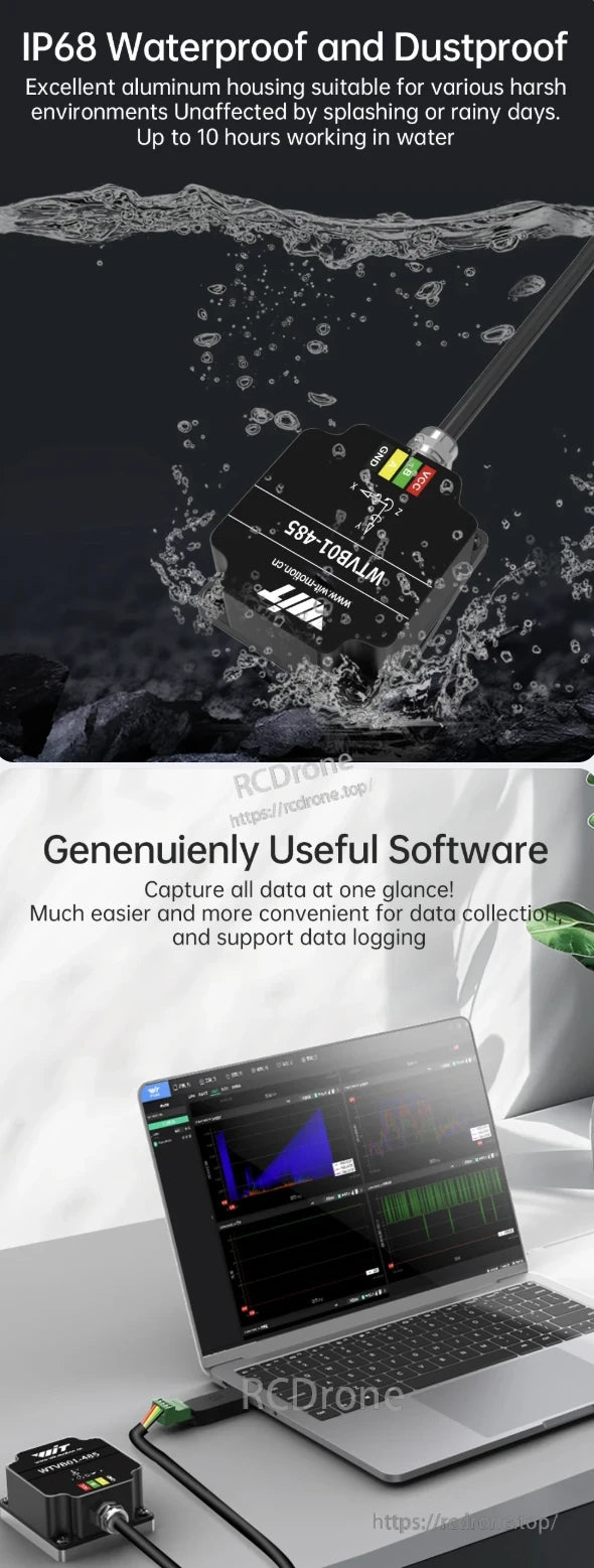 WitMotion WTVB01-485 Vibration Sensor, IP68 waterproof and dustproof vibration sensor with aluminum housing, operates underwater for 10 hours. Includes software for data capture, logging, and real-time monitoring on laptop.