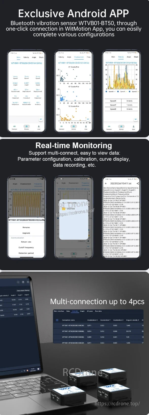 WitMotion WTVB01-485 Vibration Sensor, The Android app for WTVB01-BT50 Bluetooth vibration sensor offers one-click connection, real-time monitoring, multi-device support, data recording, calibration, and parameter settings via WitMotion App.