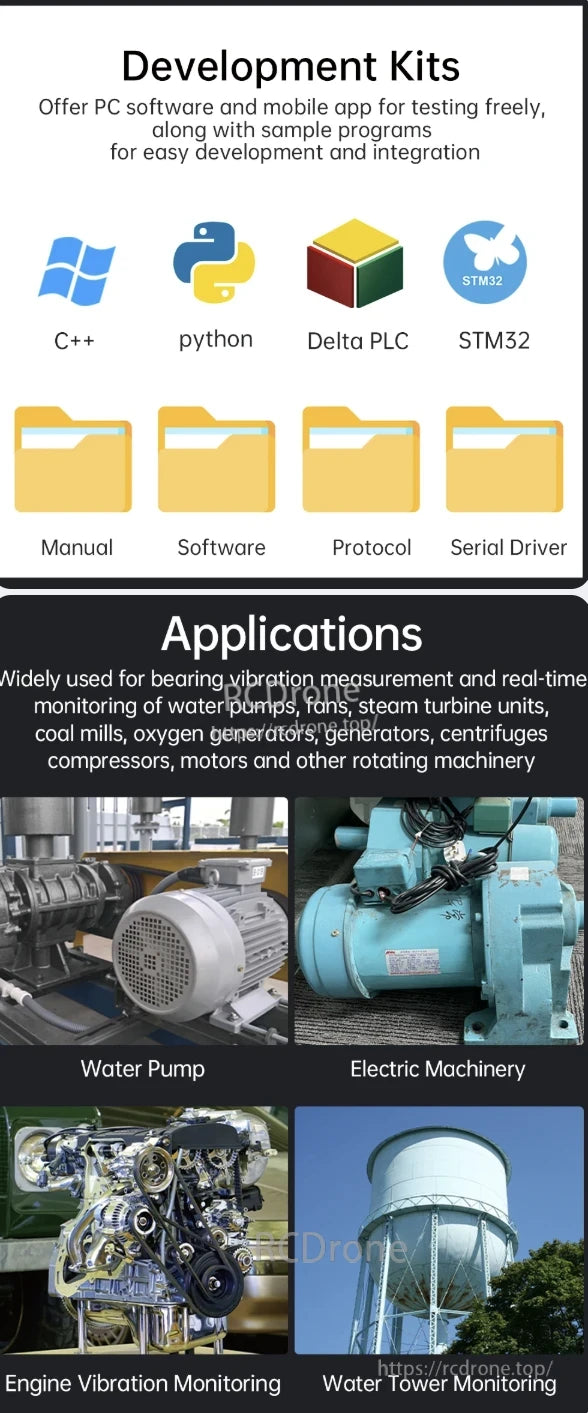 WitMotion WTVB01-485 Vibration Sensor, Development Kits offer software, apps, and samples for easy integration with C++, Python, Delta PLC, and STM32, supporting vibration monitoring and real-time machinery applications.