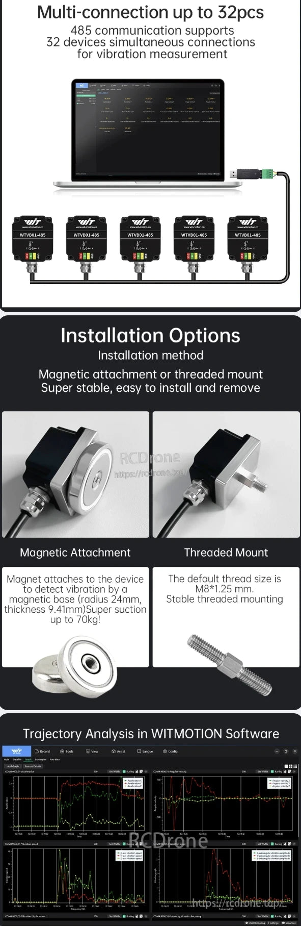 The WitMotion WTVB01-485 vibration sensor supports 32 simultaneous connections, offers magnetic or threaded mounting, stable installation, and trajectory analysis for accurate measurements.