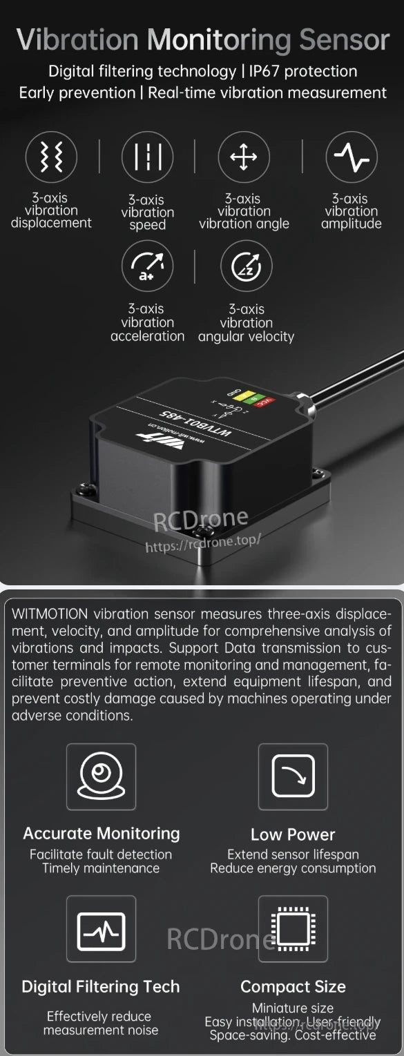 WitMotion WTVB01-485 Vibration Sensor, WitMotion's 3-axis vibration sensor monitors displacement, speed, angle, amplitude, acceleration, and angular velocity. It features digital filtering, IP67 protection, low power consumption, compact size, and real-time data transmission for efficient equipment monitoring and maintenance.