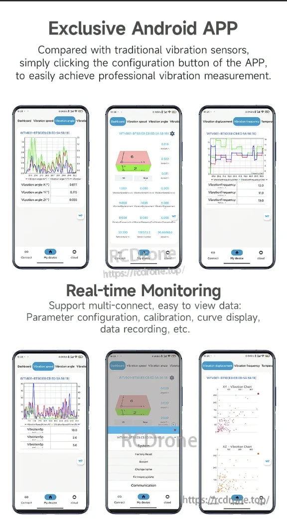 WitMotion WTVB01-BT50 Bluetooth Vibration Sensor, Exclusive Android app for professional vibration measurement with real-time monitoring, multi-connect support, configuration, calibration, curve display, and data recording.