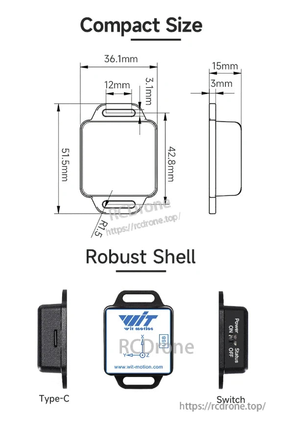 WitMotion WTVB01-BT50 Bluetooth Vibration Sensor, Compact Bluetooth vibration sensor with robust shell and Type-C port.