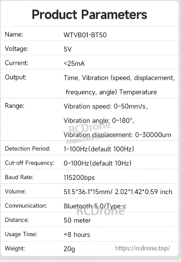 WitMotion WTVB01-BT50 Bluetooth Vibration Sensor, The WitMotion WTVB01-BT50 is a 5V, <25mA Bluetooth 5.0 vibration sensor with 50mm/s speed, 0-180° angle, 0-30000μm displacement, 100Hz detection, 10Hz cutoff, 115200bps rate, 50m range, 8-hour battery, and 20g weight.