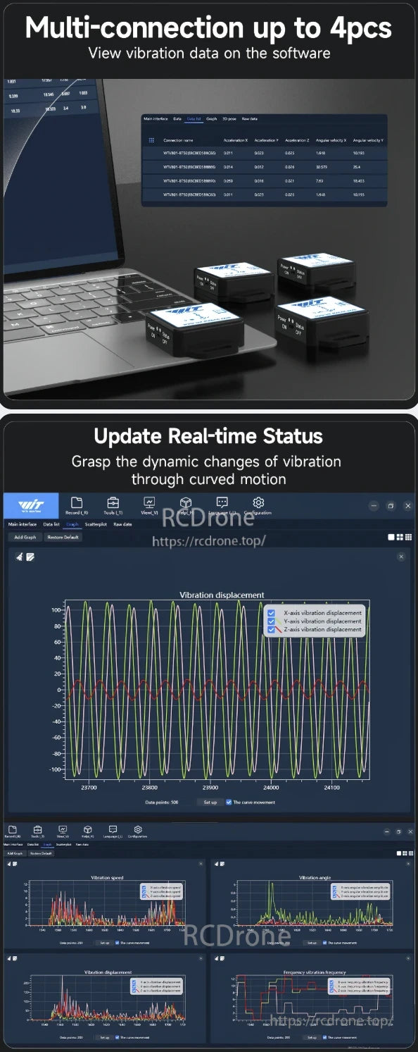 The WitMotion WTVB01-BT50 Bluetooth vibration sensor supports multi-device connection, providing real-time vibration data including displacement, speed, angle, and frequency via dynamic curves for precise monitoring.
