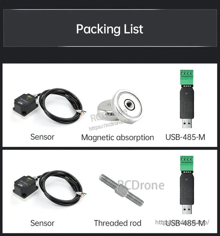 WitMotion WTVB02-485 RS485 3-Axis Vibration Sensor, The packing list contains a sensor, magnetic absorber, threaded rod, and USB-485-M adapter.
